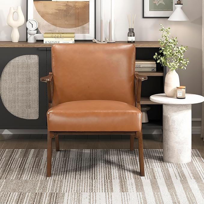 Lexicon Mid Century Modern Accent Chair Faux Leather Upholstered Lounge Seat Brown Finish Solid Wood Framed Comfy Side Chair for Living Room/Bedroom/Office/Waiting Area Brown