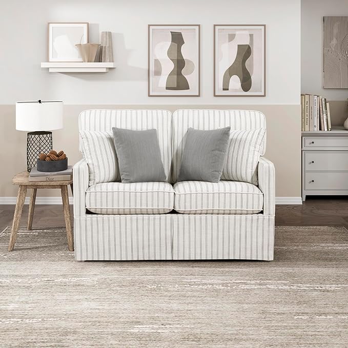 Lexicon Modern Sofa Couch for Living Room Sofas with Solid Wood Frame Square Arm and 4 Accent Pillows Small Couch for Bedroom/Living Room/Office/Apartment 2 Seater Couch White with Stripe