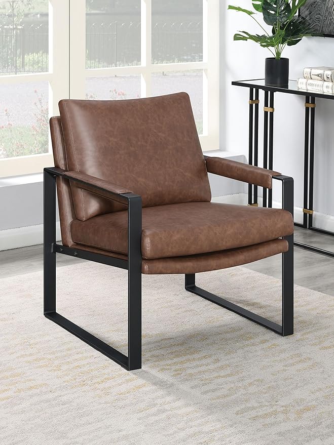 Coaster Home Furnishings - Rosalind - Faux Leather Upholstered Track Arm Accent Chair Padded Armrests Gunmetal Frame and Padded Seat - Living Room - Brown - 904112