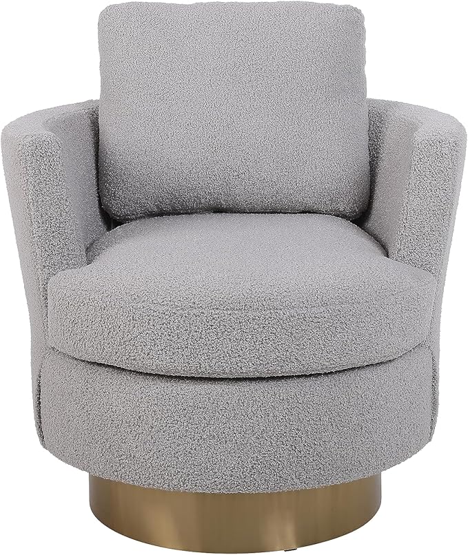 Teddy Swivel Barrel Chair Swivel Accent Chairs Armchair for Living Room Reading Chairs for Bedroom Comfy Round Barrel Chairs with Gold Stainless Steel Base (Grey)