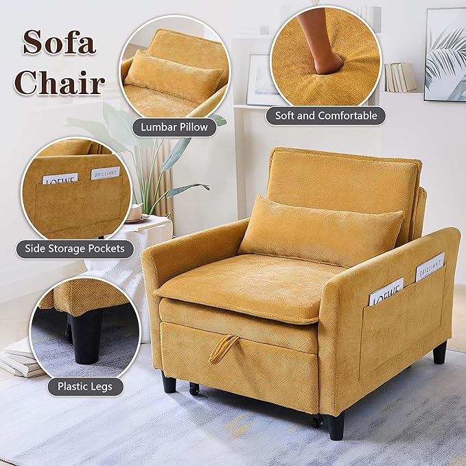 Sleeper Chair Pull Out BedChenille 3 in 1 Convertible Sleeper Couches Single Sofa Chair with Adjustable Backrest for Living Room Bedroom Small Spaces (Mustard Yellow)