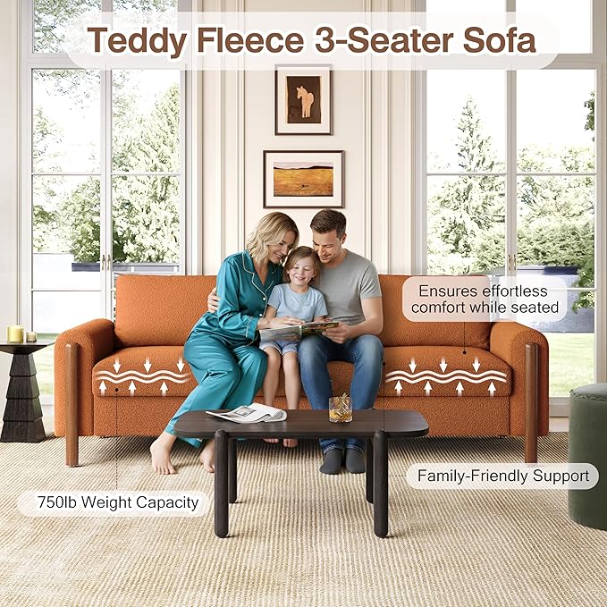 Merax 83.86 3-Seater Sofa Curved Armrest with Integrated Solid Wood Legs Teddy Velvet Fabric High Weight Capacity (250 lbs/seat) Durable Solid Wood Frame Orange