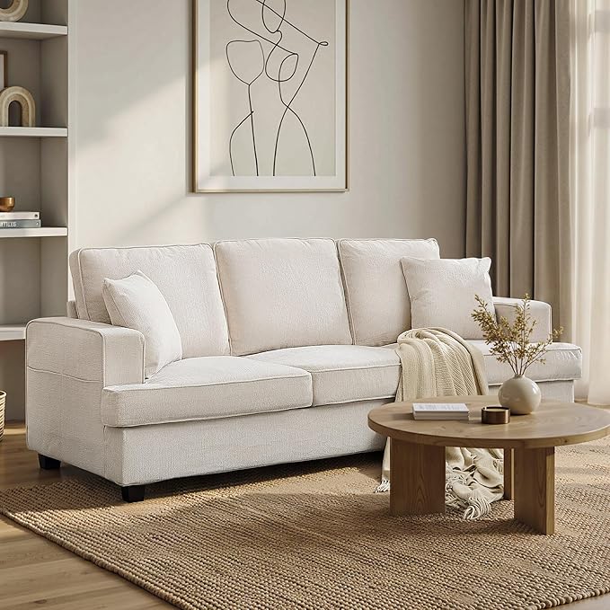 3 Seater Sofa Couch 89 Couches for Living Room with Deep Seats Mid Century Modern Chenille Sofa with Armrests Comfy Sofas for Living Room Bedroom Apartment Office Beige