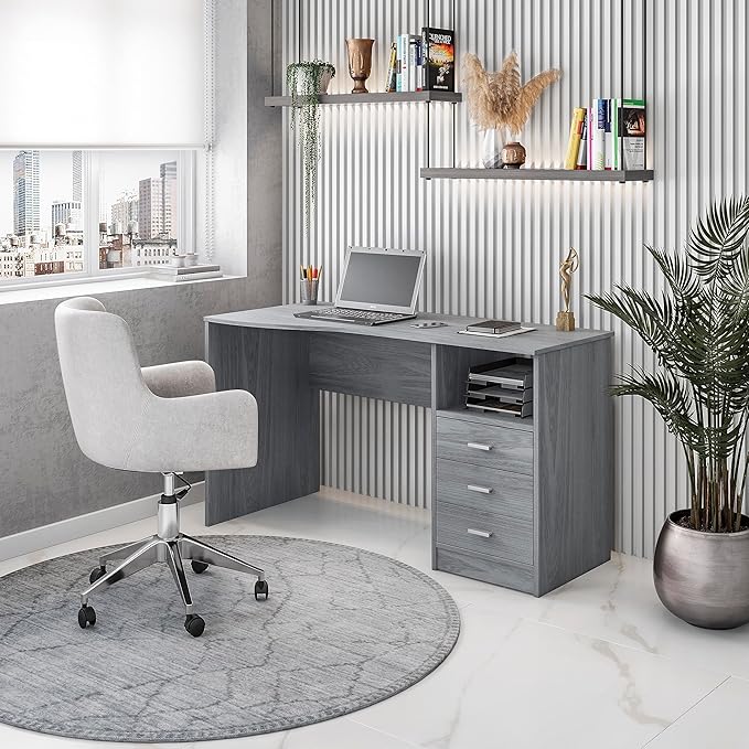 51 Classic Computer Desk with Drawers 3-Drawer Home Office Desk with Storage Grey
