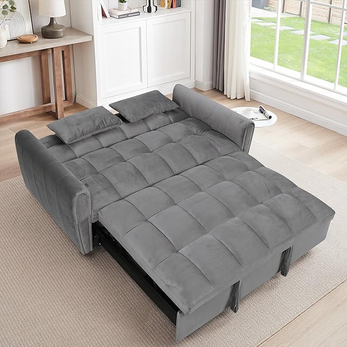 Ball &amp Cast 65 3 in 1 Large Sleeper Sofa BedVelvet Upholstered Pull Out Couch with Adjustable Back&amp2 PillowsConvertible Futon Sofa-Bed W/Side PocketLoveseat Chaise Lounge for Living RoomD