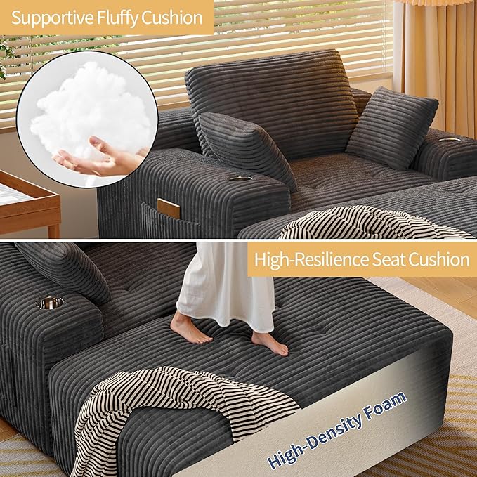 MoonSpeak 67 Boneless Reading Chair with Lounges Chaise Indoor Corduroy Cloud Couch with 1 Ottoman Upholstered Sleeper Sofa Bed with Wide Armrest and 3 Pillows for Living RoomReading Room (Gray)