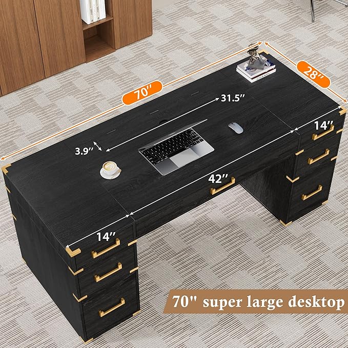 70 Executive Desk with DrawersWood Writing Desk with Metal Edge Trim 7 DrawersUSB Ports and OutletsFarmhouse Desk with Hidden Compartment for Home Office Study Room Black