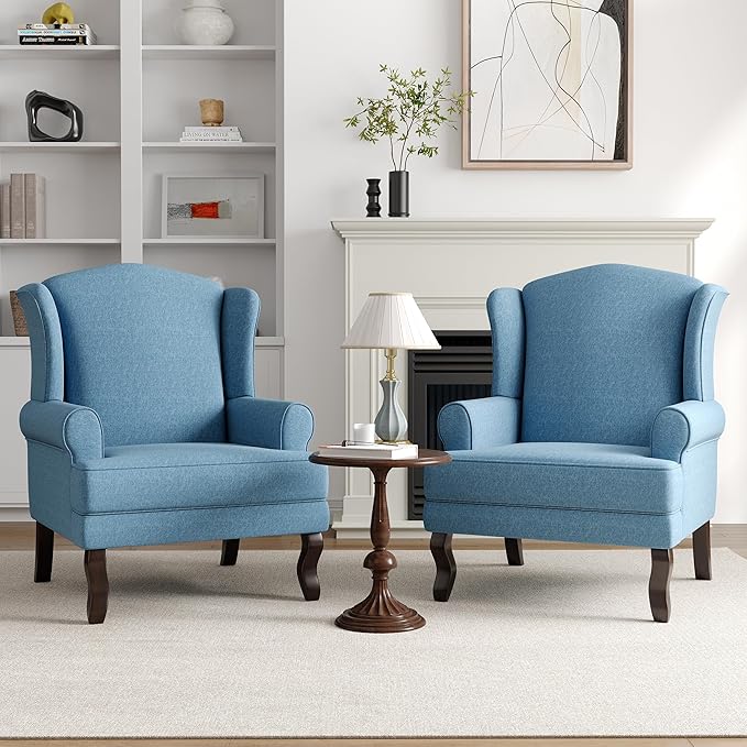High Back Accent Chairs Set of 2 Comfy Upholstered Fabric Armchair for Living Room Mid Century Modern Club Accent Chair with Solid Wood Legs Single Sofa Reading Chair for Bedroom Sky Blue