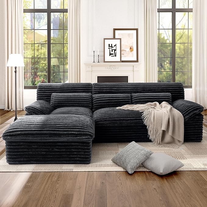 Modular Sectional SofaBoneless Couch for Living Room3 Seat L-Shaped Cloud Sectional Couch with Double-Layer Thickened Deep SeatComfy Corduroy Fabric Sofa Bed72h ReboundGrey