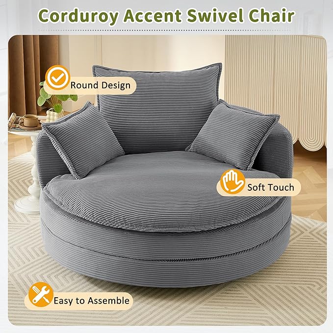 Eafurn 57.5 Oversized Swivel Barrel Chair with Dual-Layer Cloud Cushion Modern Corduroy Accent Round Chair for Living Room 360° Rotating Lounge Armchair with 3 Pillows for Bedroom &amp Reading Noo