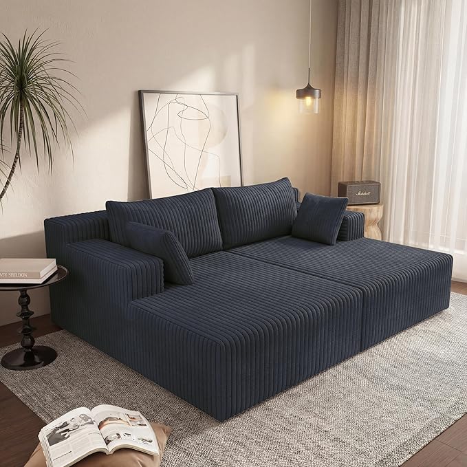 71-Inch Fluffy Corduroy Boneless Sleeper Daybed Loveseat Double Recliner Chaise Lounge Sofa Couches Floor Cloud Sofa Chaise W/4 Pillows for Home Apartment Living Room