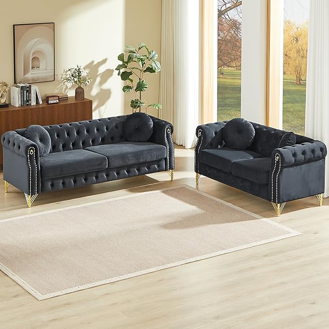 KEIKI 5 Seat Chesterfield Sofa Retro Style Upholstered 3+2 Seats Velvet Couch with Rolled Arm for Living Room Bedroom Office Black