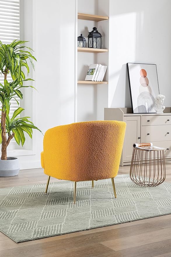 30.32 W Accent Chair Upholstered Curved Backrest Reading Chair Single Sofa Leisure Club Chair with Golden Adjustable Legs for Living Room Bedroom Dorm Room (Mustard Boucle)