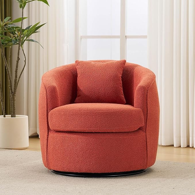 Swivel Barrel Chairs 32 Inches Wide No Assembly Round Upholstered Armchairs Accent Chairs Single Sofa Chair for Living Room (Orange Set of 1)