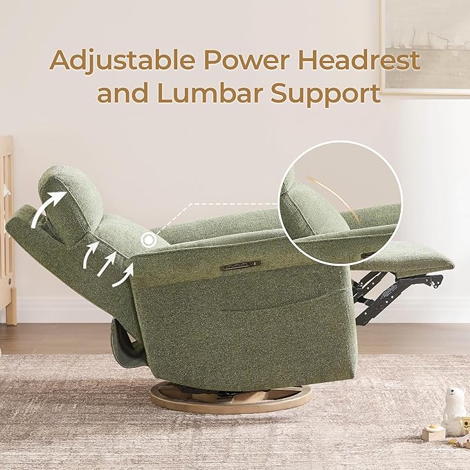 CHITA Power Recliner Chair Electric Triple-Motor Swivel Glider Nursery Rocking Chair with Adjustable Power Headrest and Lumbar Support GREENGARD Gold Certified Solid Wood Base Forest Green
