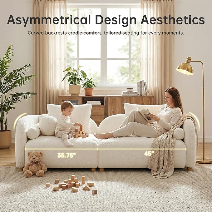 Modern Curved Sofa 3-Seater Comfy Cloud Boucle Couch with Wood Leg &amp Pillows Minimalist Sofas for Living Room Apartment Cream White 91.75‘’ | Curved design 6 sofa pillows Simple assembly Mo