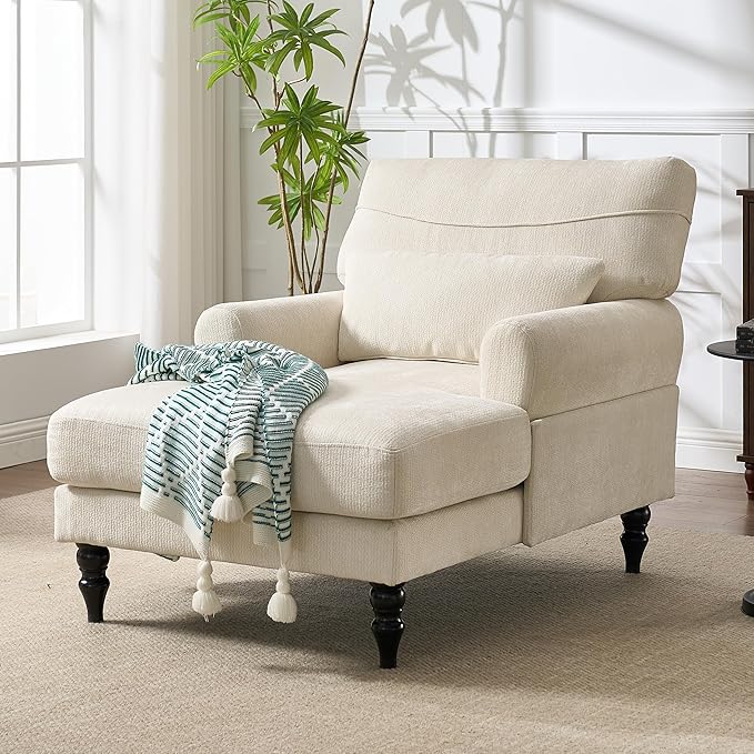 Chaise Lounge Chair Indoor Modern Leisure Sleeper Sofa Chair w/Double Deep Cushion Accent Upholstered Reading Side Armchair Recliner Arm Chairs for Living Room &amp Bedroom Easy AssemblyBeige