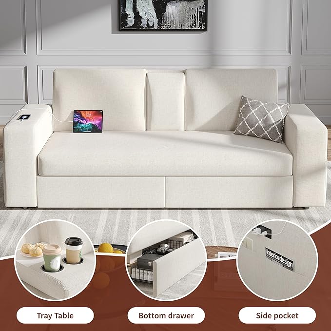 Maupvit 75” Loveseat Sofa with 2 Drawers USB &amp Type-C Charging Port Comfortable Linen Living Room Couch with Small Table Board Upholstered Small Settee Fits Bedroom OfficeBeige