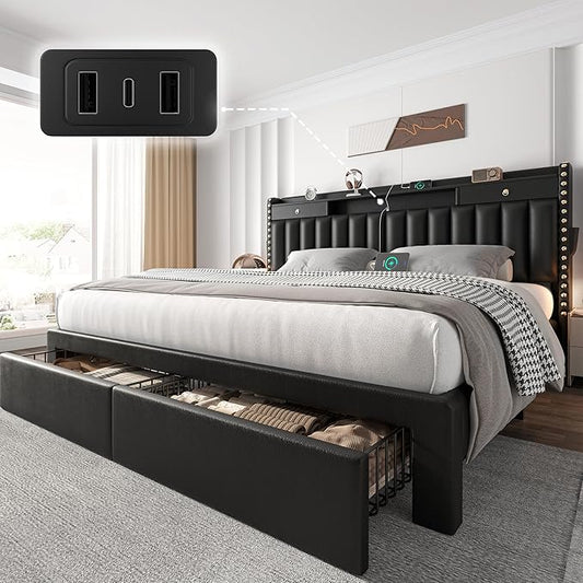 CypBed King Size Bed Frame with 2 Tier Storage Headboard Upholstered King Bed Frame with 4-Storage Drawers 3 USB &amp Type-C Charging PortsSolid Wood SlatsNo Box Spring NeededNoise-Free BlackG