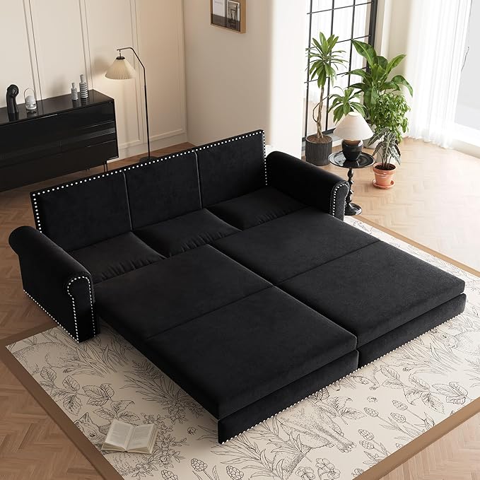 93.7 King Size Pull Out Sofa Bed with Waist Pillows 3 in 1 Convertible Sleeper Sofa Bed Couch Velvet 3-Seater Chesterfield Sofa with Nailhead Trim for Living Room Black