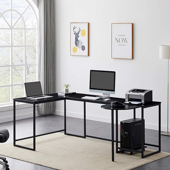 U-Shaped Computer Desk Industrial Corner Writing Desk with CPU Stand Gaming Table Workstation Desk for Home Office (Black) (Old SKU: WF198675AAB)