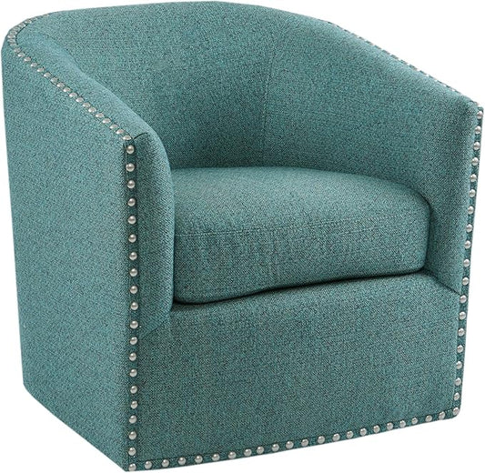 Madison Park Swivel Barrel Accent Chair Upholstered Curved Back with 7-Inch Thick Woven Cushion 360° Swivel Nailhead Trim Comfy Chair for Living Room Bedroom Office 28 Wide Teal Tyler
