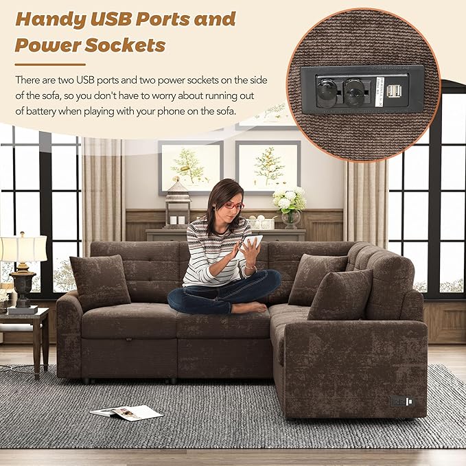 82.6 L-Shape Sofa Bed with Wheels Pull-Out Sleeper Sofa with USB Ports and Power Sockets Multifunctional Convertible Sectional Sofa Set for Living Room Bedroom (Brown-11x)