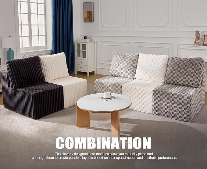 Single Sofa 1 Seat Couch with Deep Seat Memory Foam Cloud Chair with Pillows Large Sofa with L Shape for Living Room Bedroom (Strip White Single)