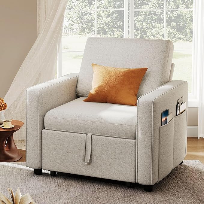 YITAHOME Convertible Sofa Chair Bed 3-in-1 Linen Fabric Sleeper with Pull-Out Bed Reclining Backrest &amp Wide Armrest Beige