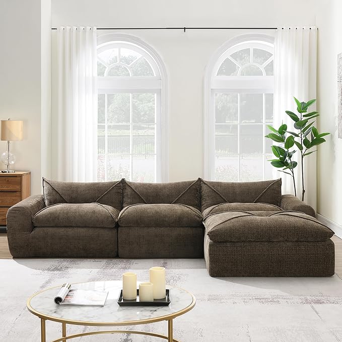 116'' Oversized Modular Sofa Fully Compressed 4 Seat Spacious Foam-Filled Sofa Bed for Living Room Free Combination Friendly Design L-Shaped Comfy Couches No Assembly Required (Brown-QJ88)