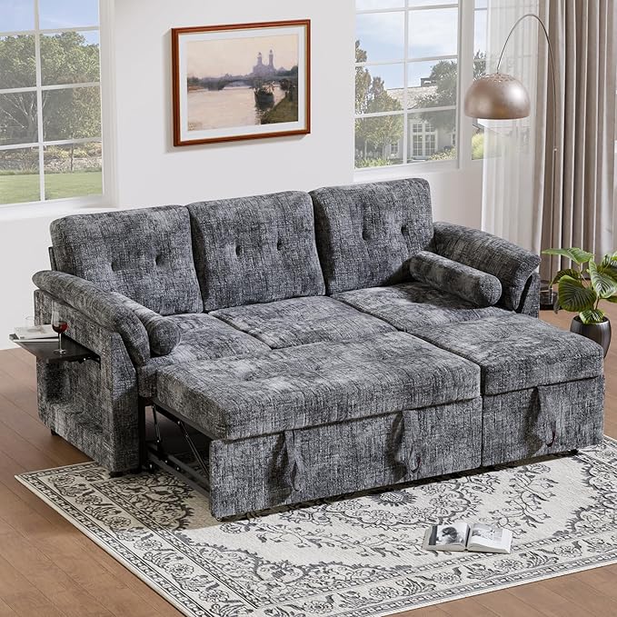 Convertible Queen Sofa Bed 63 Inch Chenille Pull Out Couch with Side Table 3 Seat Pull Out Sofa Bed with Level Adjustable Backrest Comfy Sleeper Sofas for Living Room Apartment Gray
