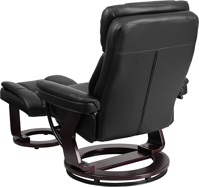 Flash Furniture Allie LeatherSoft Upholstered Recliner with Footrest Arms and Headrest Padded Swivel Recliner Chair and Ottoman Set Black