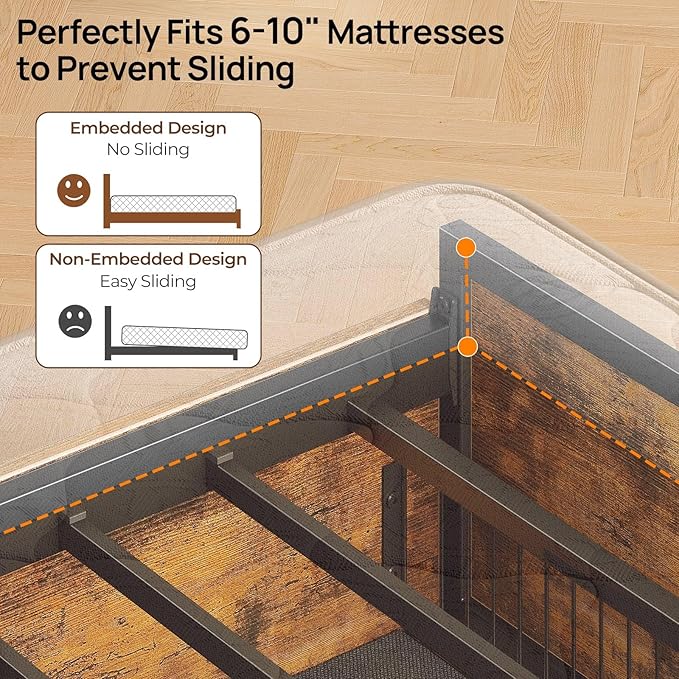 Rolanstar Queen Bed Frame with 4 Storage Drawers Charging Station and LED Lights Metal Platform Bed with 2-Tier Storage Headboard No Box Spring Needed Easy Assembly Noise-Free Rustic Brown