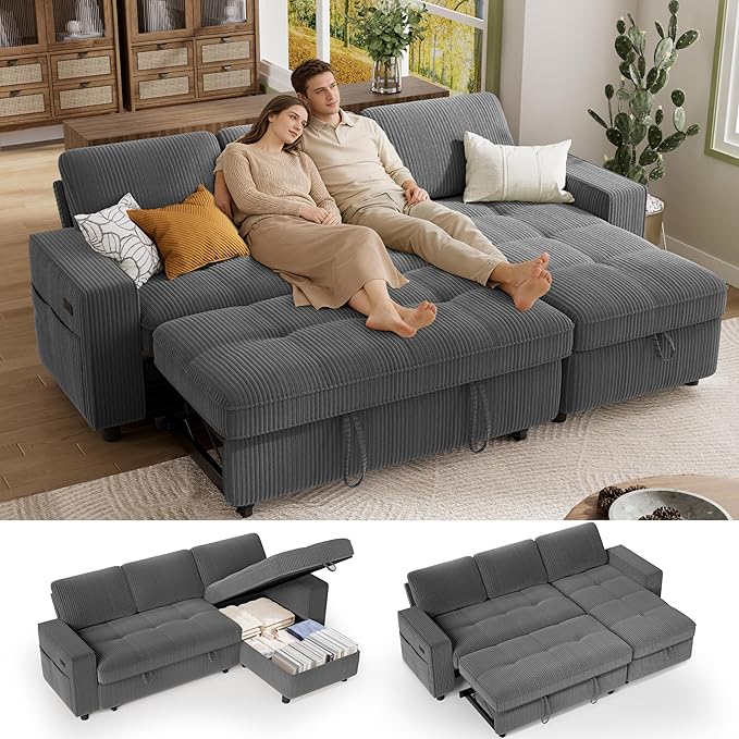Vipbear Sectional Sleeper Couch with Pull Out Sofa Bed L Shaped Plush Corduroy Couch with Reclining Backrest &amp Storage &amp USB Charging Convertible Cloud Sectional Sofa Bed for Living Room Gr