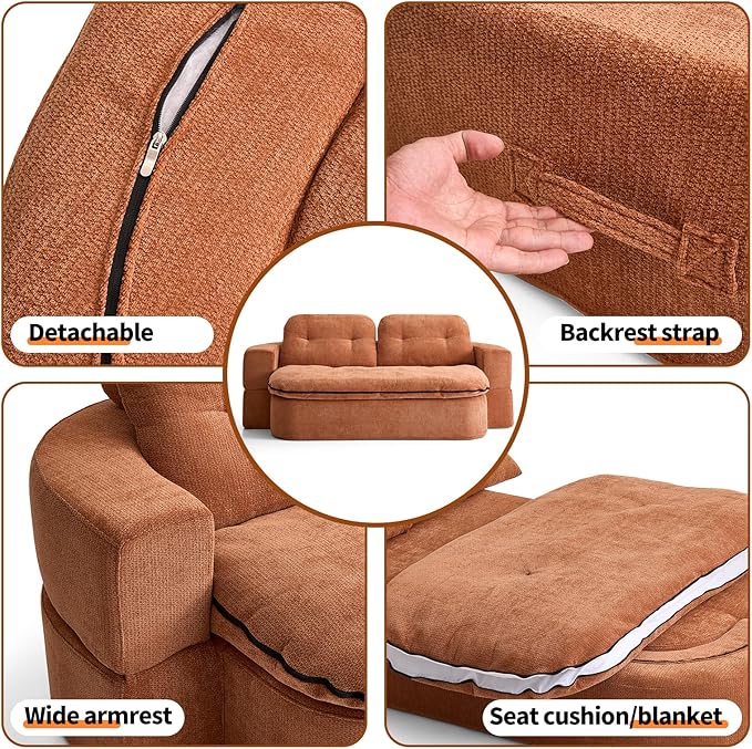 JustYes 78.7'' Convertible Boneless Couch Bed - Pull-Out Lazy Lounge Sleeper Sofa Memory Foam Folding Futon for Living Room Bedroom Dorm &amp Office Brown