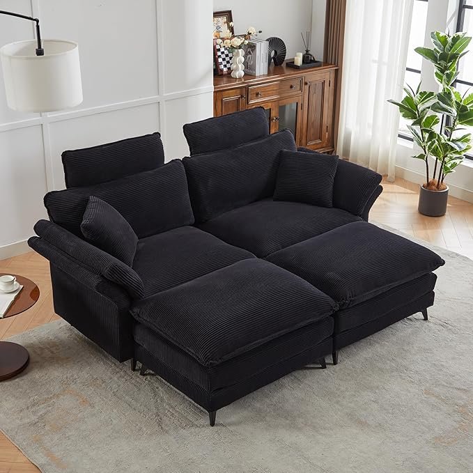KEIKI 85.8 Oversized Corduroy Loveseat Sectional Sofa w/Movable Ottoman &amp HeadrestsModern Minimalist Deep Seat Cloud Couches with Extra-Thick Cushions for Living Room ApartmentBedroomBlack