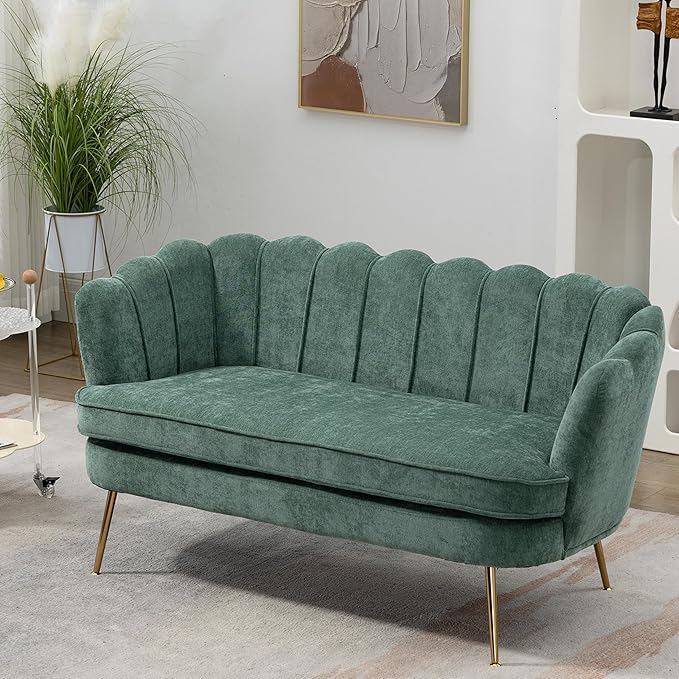 Chenille Small Sofa Couch for Small Spaces Living Room Bedroom59 Loveseat Couches with Gold Metal LegsChannel Tufted 2 Seater Sofas with Curved Back and Arms for ApartmentRV