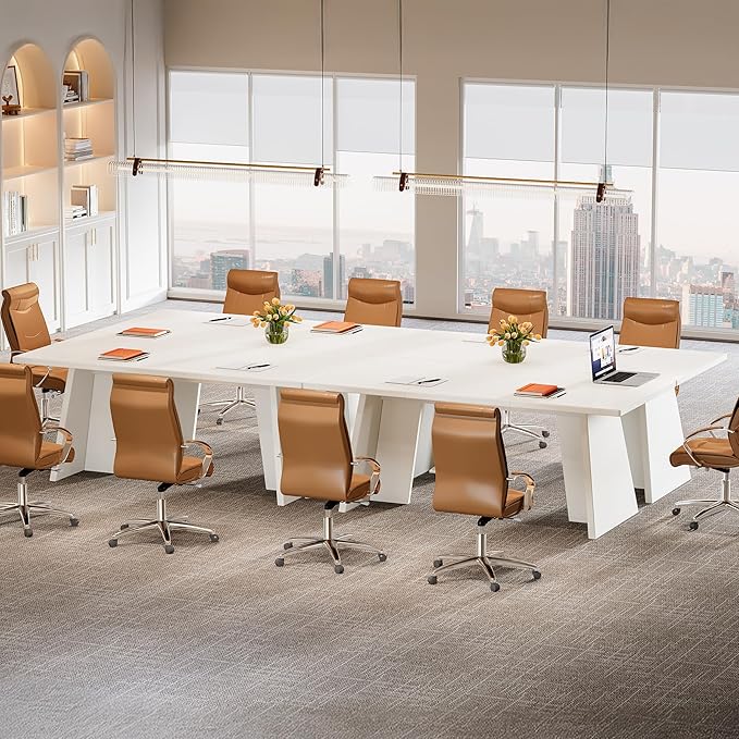 Tribesigns White Executive Desk 63 Large Office Computer Conference Meeting Table with Wooden Robust Pedestal Simple Modern Workstation Business Furniture for Home Office