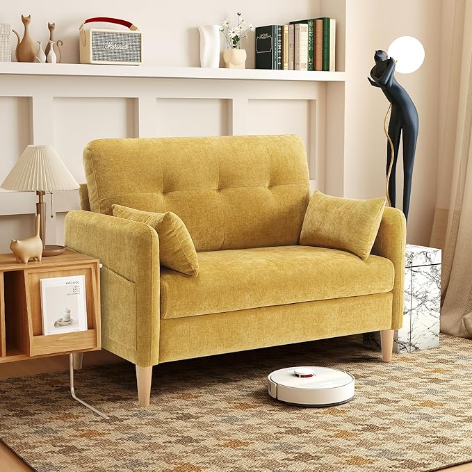 47 Small Sofa Couch for Bedroom Soft Chenille loveseat Mini Couch with Throw Pillow and Removable Cushion Cover for Small Spaces Living Room Apartment Dorm Office(Yellow)