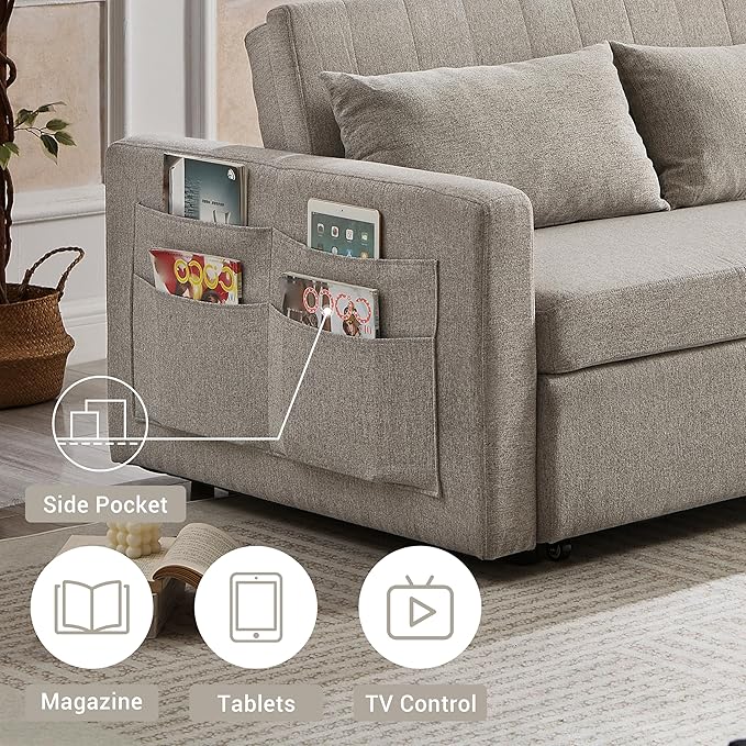 55.5 Fabric Convertible Sofa Bed Pull Out Sleeper Sofa Bed Loveseat Couch with Side Pocket 3 in 1 Convertible Sleeper Sofa Bed for Living Room Apartment Bedroom RV Light Grey