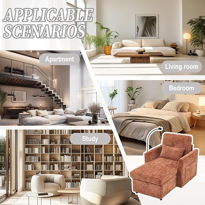 32 Comfy Chaise Lounge Sofa Bed Chair with Storage Side Pockets Phone Holder &amp 2 Pillows Modern Chenille Upholstered Sleeper Sofa Leisure Chair for Living Room Bedroom Small Spaces (Orange)