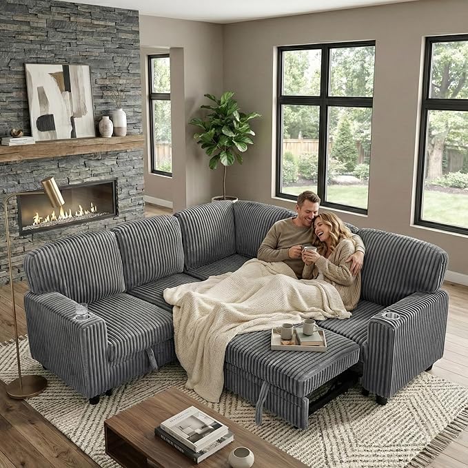 81 Modular Sectional Sleeper Sofa with Pull Out Bed L Shaped Couch with Storage Seat Convertible Sectional Couches for Living Room Corduroy Grey