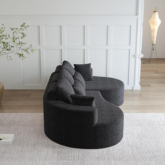 KEIKI 105 L Shaped Corner Couch Upholstered Curved Cloud with 7 Pillows Chenille Sectional Couch for Living Room Bedroom Black