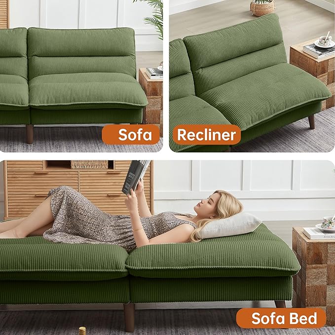 72 Convertible Futon Sofa Bed Loveseat Sofa Corduroy Folding Futon Set with Adjustable Backrest &ampArmrests Recliner Lounge for Living Room Apartment or Office Solid Wood Frame Green