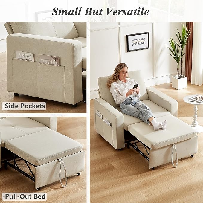 WEUP 42.5 Sleeper Chair Bed 3-in-1 Oversized Convertible Sleeper Sofa Chair with Pull Out Bed Reclining Adjustable Backrest/Side Pockets Tool-Free Assembly Basic Beige