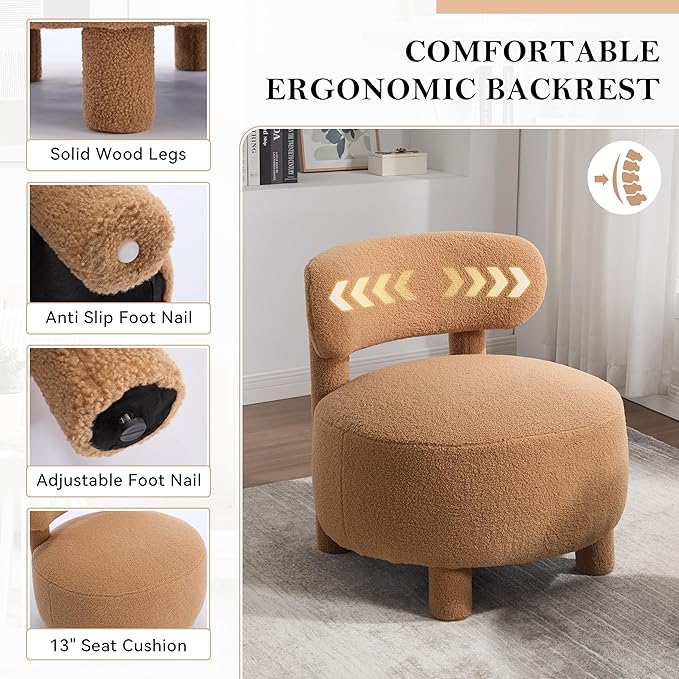 Dgcoab Upholstered Club Chair Curved Back Accent Single Sofa Solid Wood Legs Comfort Single Reading Lounge Sofa Boucle Accent Chair for Living Reading Bedroom Brown