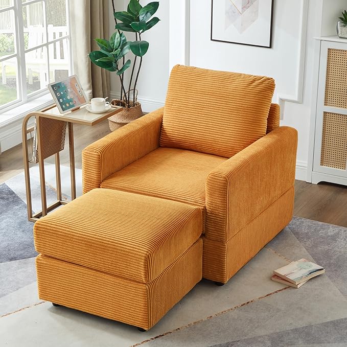 Aoiy &amp Wifon Accent Chair with Ottoman Upholstered Reading Chair with Ottoman Comfy Armchair with Wooden Legs Corduroy Orange