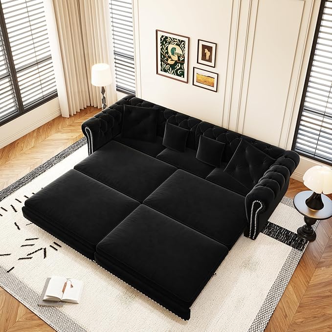 89'' King Size Velvet Convertible 3-in-1 Pull-Out 3 Seater Tufted Sleeper Sofa Bed with Movable Ottoman Fold Out Couch for RV Small Spaces Hide-A-Bed Space-Saving Black