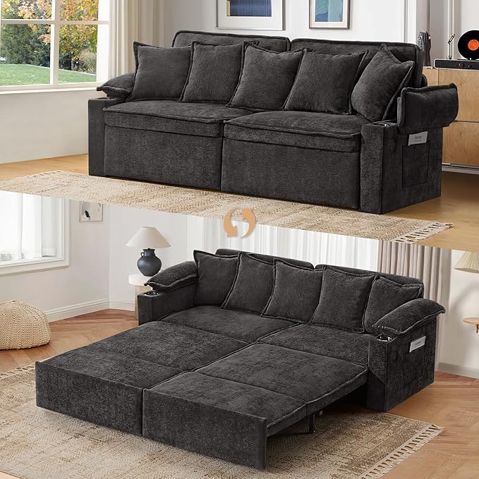 82.7’’ King Size Pull Out Sofa Bed 3 in 1 Convertible Sleeper Sofa Bed with Futon Sofa Black | USB Ports Chenille Loveseat Storage Pocket Pet-Friendly Pull Out Sofa Bed