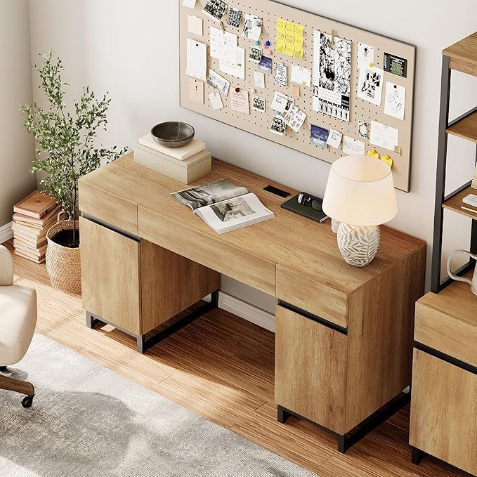 WAMPAT 59 Modern Executive Desk with Drawers Home Office Computer Desk with Charging Station File Drawer Storage Cabinet Wood Writing Desk for Work and Study Oak